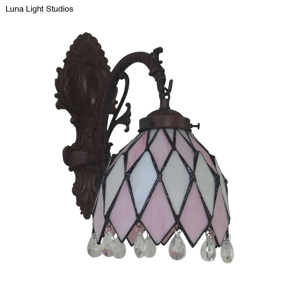 Tiffany Bronze Lattice Bowl Wall Lamp With Stained Glass Sconce And Crystal Accent