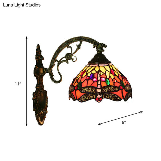 Tiffany Bronze Wall Mounted Lamp With Dragonfly Patterned Glass Shade - Bedroom Sconce Light