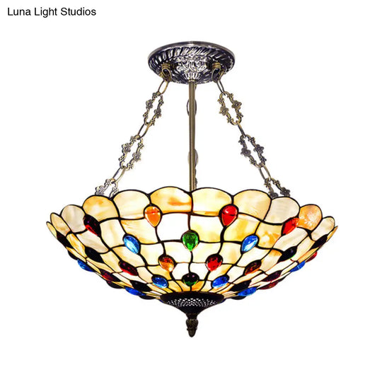 Tiffany Ceiling Light With Jeweled Semi Flush Design - 16/18 Diameter 3 Lights Beige Art Glass Shade