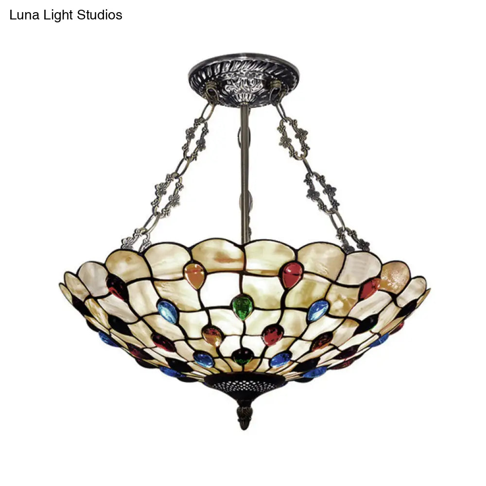 Tiffany Ceiling Light With Jeweled Semi Flush Design - 16’/18’ Diameter 3 Lights Beige Art