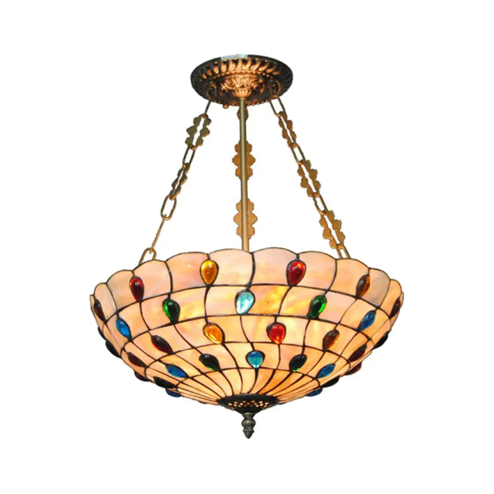 Tiffany Ceiling Light With Jeweled Semi Flush Design - 16’/18’ Diameter 3 Lights Beige Art