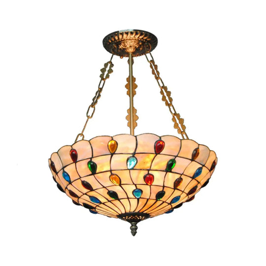 Tiffany Ceiling Light With Jeweled Semi Flush Design - 16’/18’ Diameter 3 Lights Beige Art