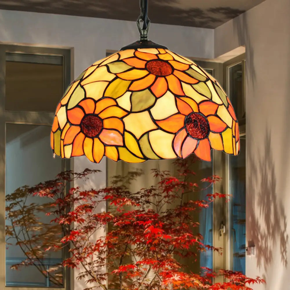 Tiffany Ceiling Pendant Lamp – Sunflower Orange Glass Shade 1 Bulb For Living Room Hanging