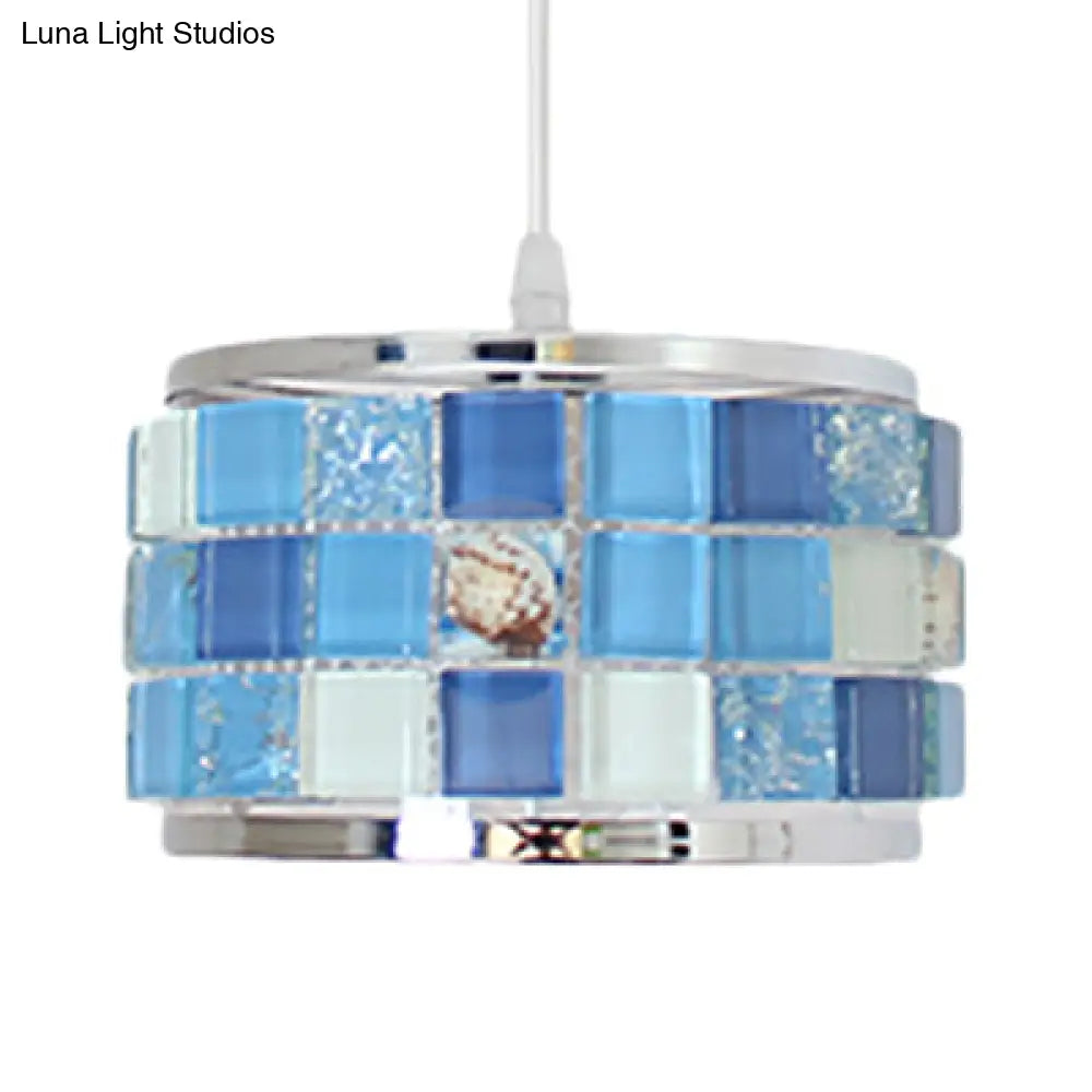 Tiffany Ceiling Suspension Lamp With Blue Crystal Mosaic Design Pendant 1 Light Cylinder/Drum Shade