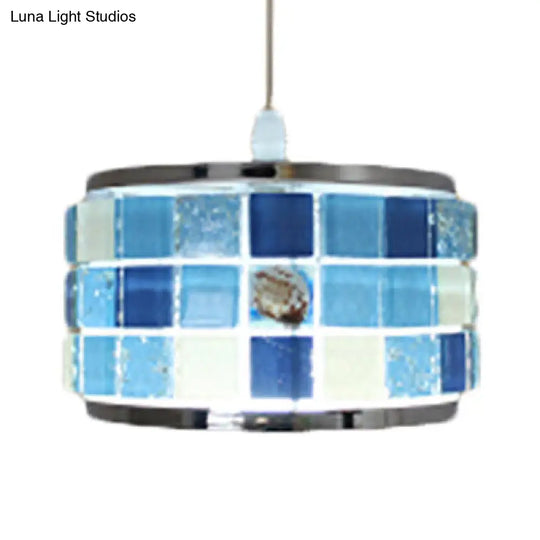 Tiffany Mosaic Design Pendant Light With Blue Crystal And Cylinder/Drum Shade - 1 4/5 Width