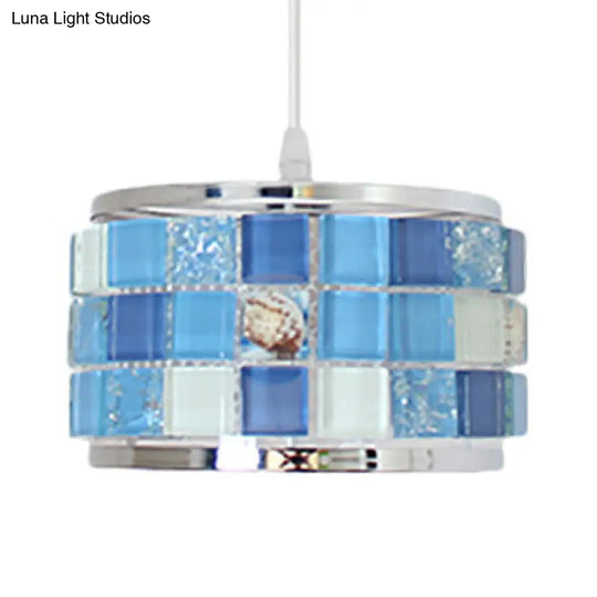 Tiffany Mosaic Design Pendant Light With Blue Crystal And Cylinder/Drum Shade - 1 4/5 Width