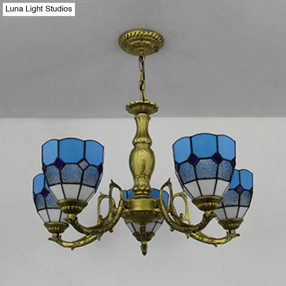 Tiffany Chandelier Lamp With Stained Glass In 4 Colors - Adjustable Dome Suspension Light For Foyer