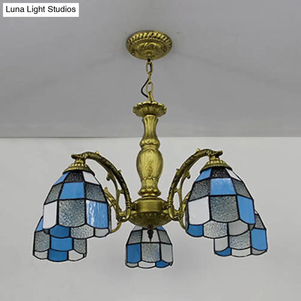 5-Light Dome Stained Glass Chandelier Lamp Adjustable Tiffany Style Pendant Light For Foyer