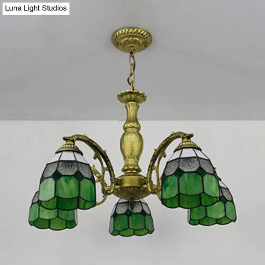 5-Light Dome Stained Glass Chandelier Lamp Adjustable Tiffany Style Pendant Light For Foyer