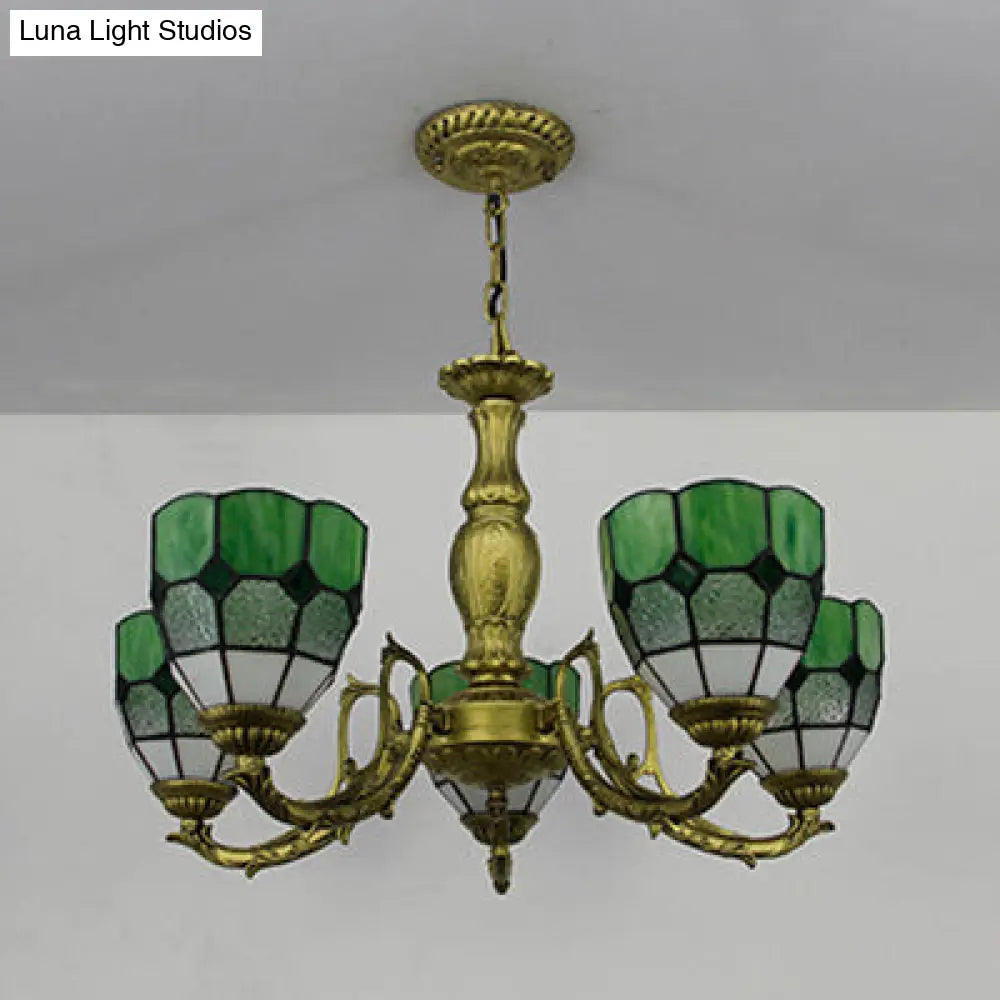 5-Light Dome Stained Glass Chandelier Lamp Adjustable Tiffany Style Pendant Light For Foyer