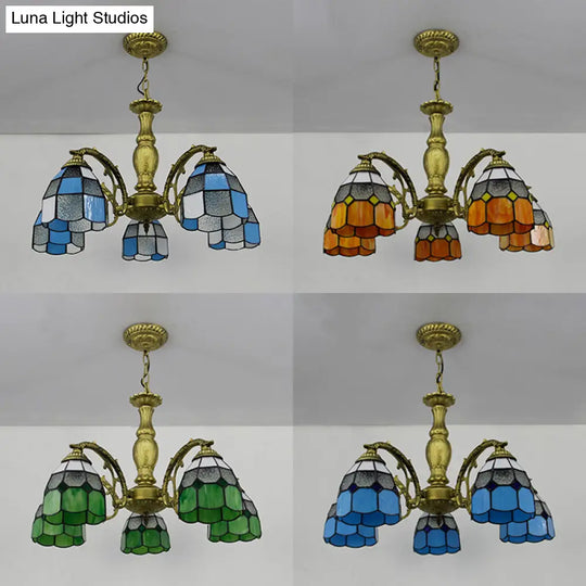 5-Light Dome Stained Glass Chandelier Lamp Adjustable Tiffany Style Pendant Light For Foyer