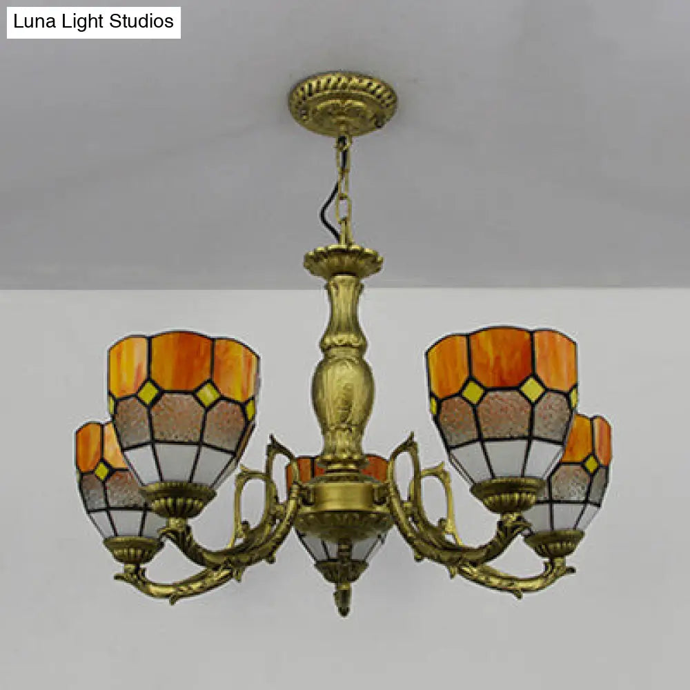 5-Light Dome Stained Glass Chandelier Lamp Adjustable Tiffany Style Pendant Light For Foyer