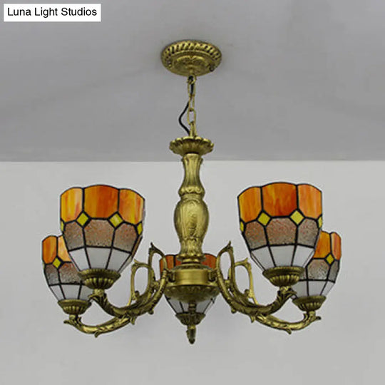 5-Light Dome Stained Glass Chandelier Lamp Adjustable Tiffany Style Pendant Light For Foyer