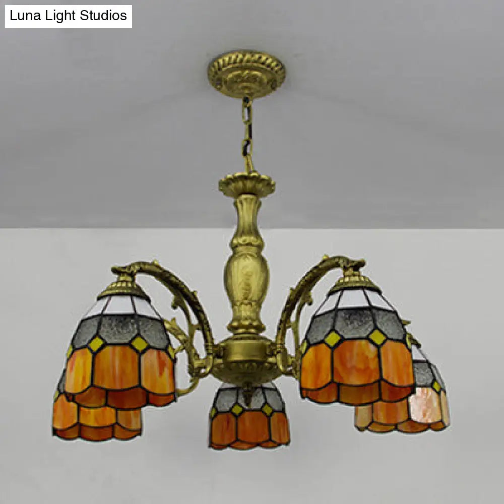 5-Light Dome Stained Glass Chandelier Lamp Adjustable Tiffany Style Pendant Light For Foyer