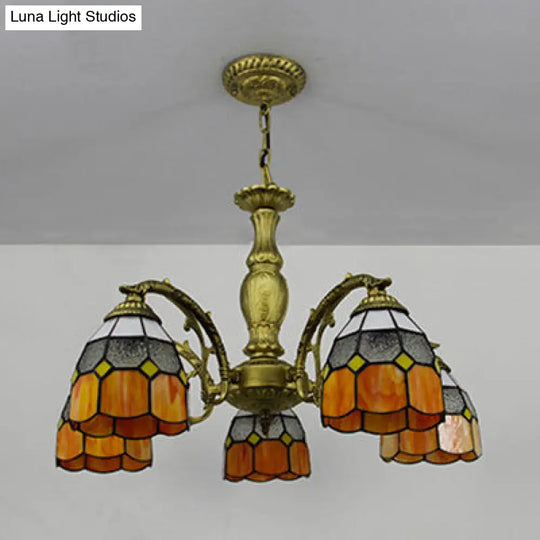 5-Light Dome Stained Glass Chandelier Lamp Adjustable Tiffany Style Pendant Light For Foyer