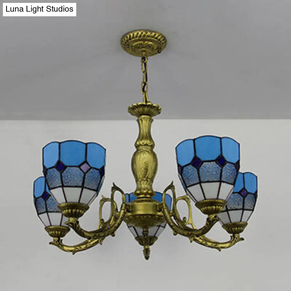 5-Light Dome Stained Glass Chandelier Lamp Adjustable Tiffany Style Pendant Light For Foyer