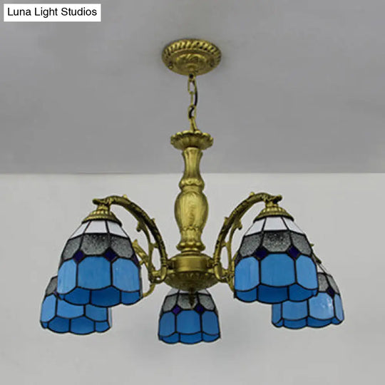 5-Light Dome Stained Glass Chandelier Lamp Adjustable Tiffany Style Pendant Light For Foyer