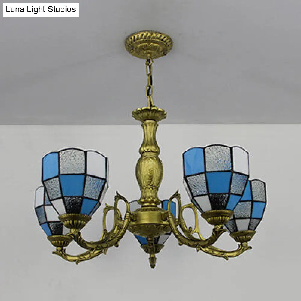 5-Light Dome Stained Glass Chandelier Lamp Adjustable Tiffany Style Pendant Light For Foyer