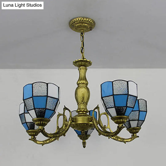 5-Light Dome Stained Glass Chandelier Lamp Adjustable Tiffany Style Pendant Light For Foyer