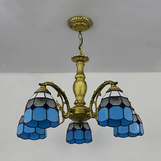 Tiffany Chandelier Lamp With Stained Glass In 4 Colors - Adjustable Dome Suspension Light For Foyer