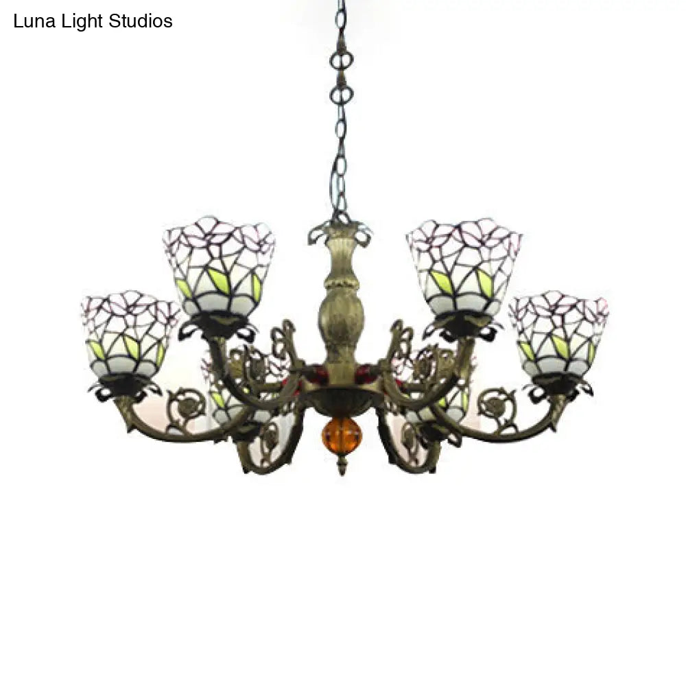 Tiffany Stained Glass Chandelier With Floral Shade - 6-Light Ceiling Pendant For Dining Rooms White