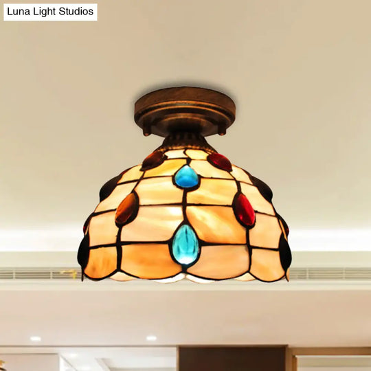 Tiffany Class Beige/Yellow Ceiling Light With Jewelry Shell Restaurant Lattice Bowl Flush Fixture