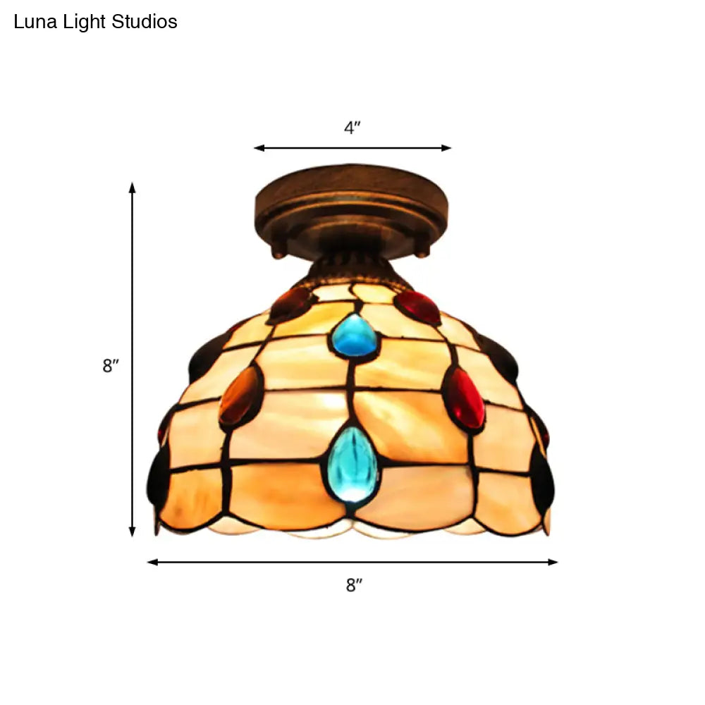 Tiffany Class Beige/Yellow Ceiling Light With Jewelry Shell – Restaurant Lattice Bowl Flush Fixture