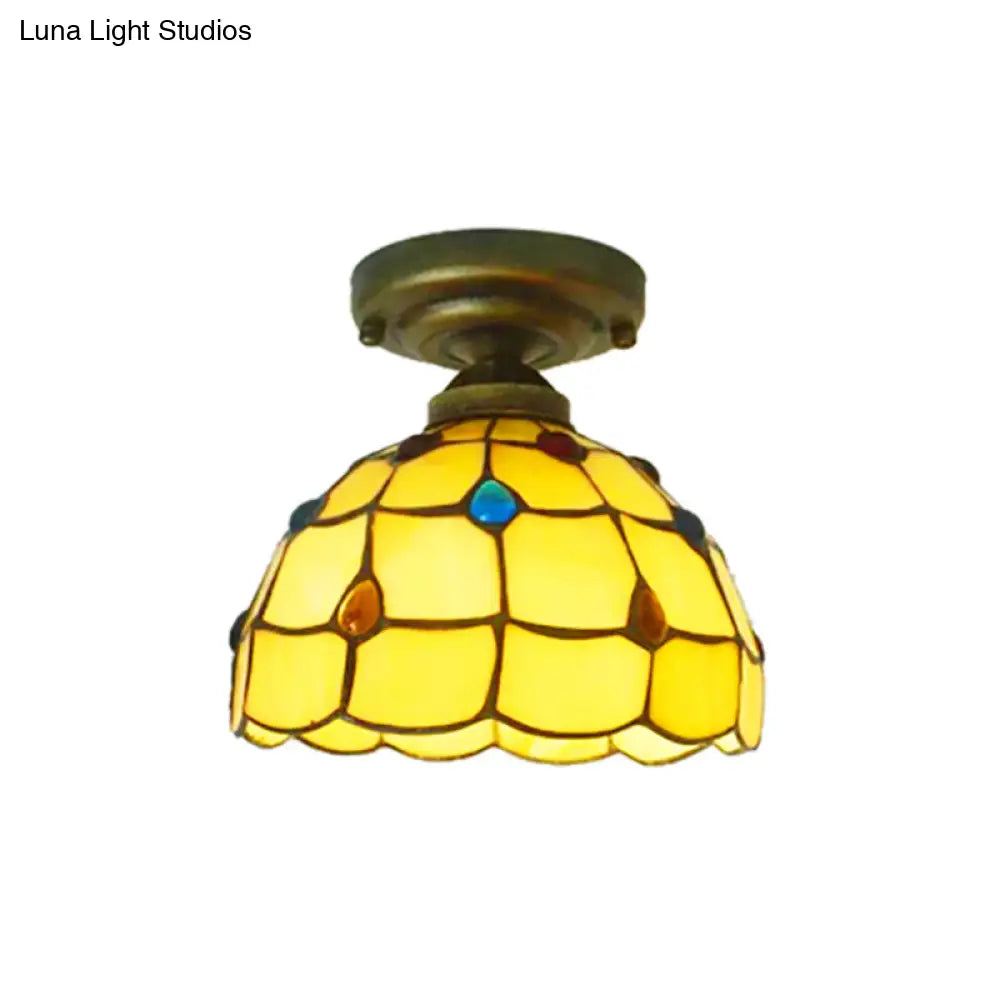 Tiffany Class Beige/Yellow Ceiling Light With Jewelry Shell Restaurant Lattice Bowl Flush Fixture