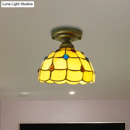 Tiffany Class Beige/Yellow Ceiling Light With Jewelry Shell Restaurant Lattice Bowl Flush Fixture