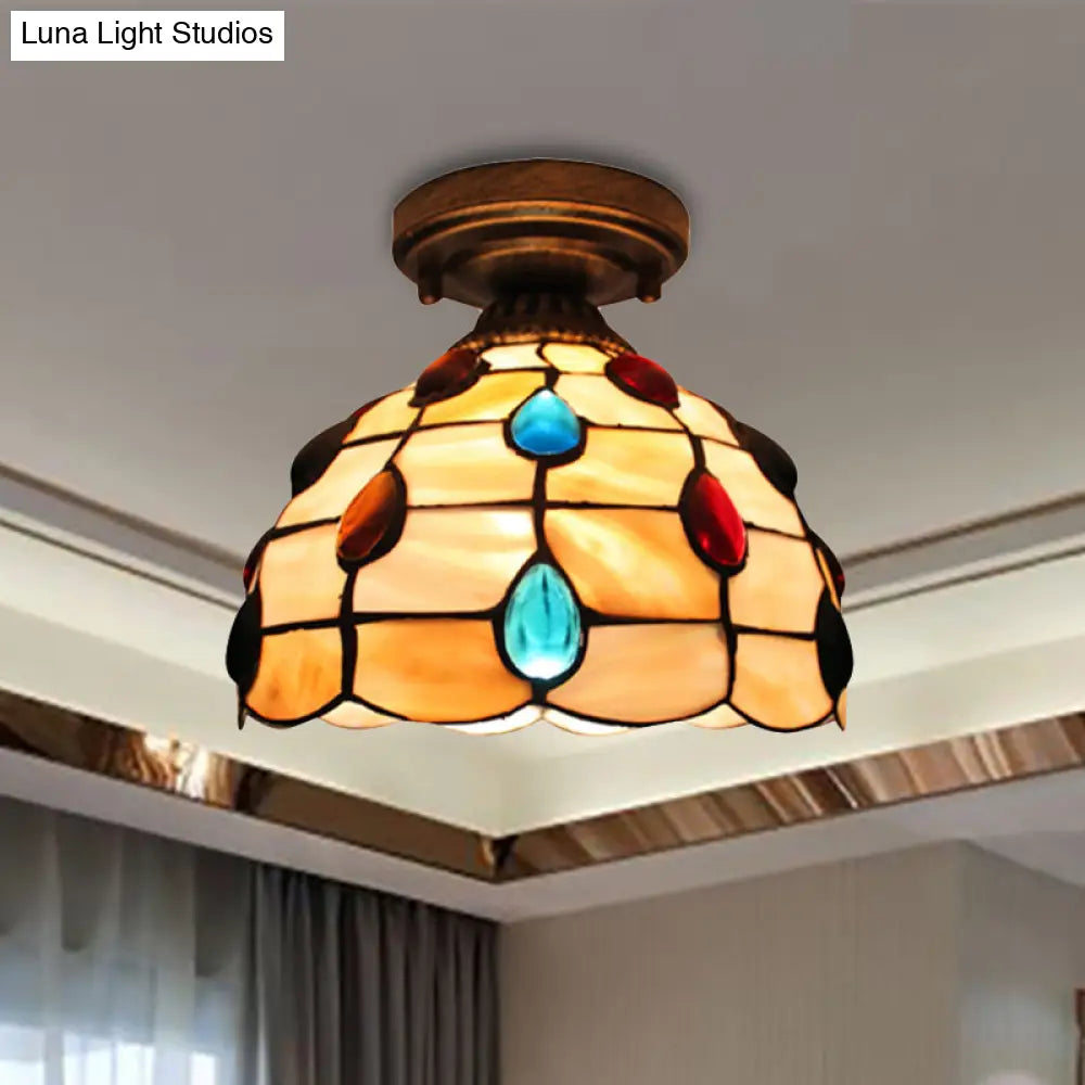 Tiffany Class Beige/Yellow Ceiling Light With Jewelry Shell – Restaurant Lattice Bowl Flush Fixture