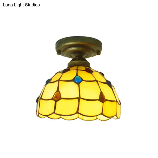 Tiffany Class Beige/Yellow Ceiling Light With Jewelry Shell – Restaurant Lattice Bowl Flush Fixture