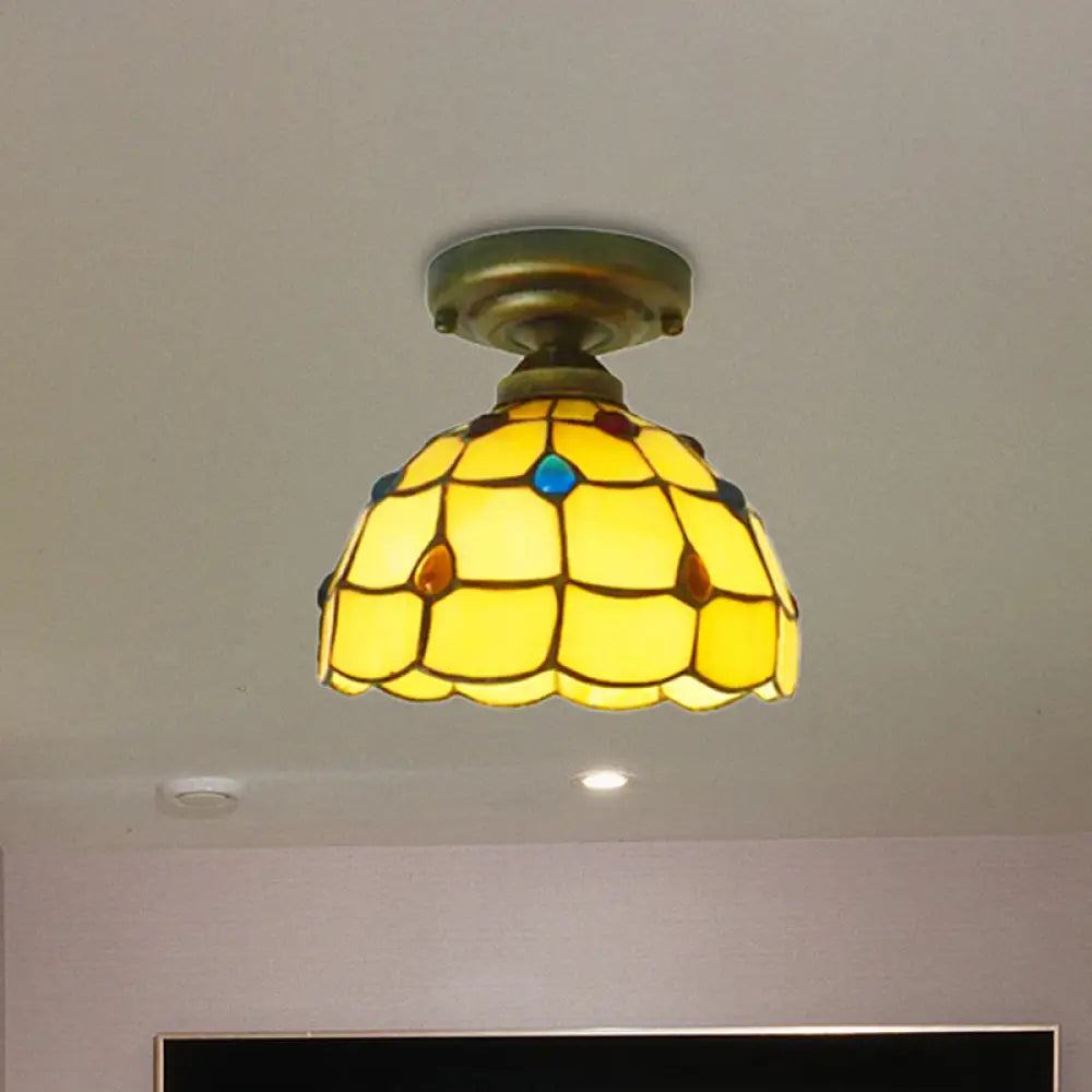 Tiffany Class Beige/Yellow Ceiling Light With Jewelry Shell – Restaurant Lattice Bowl Flush