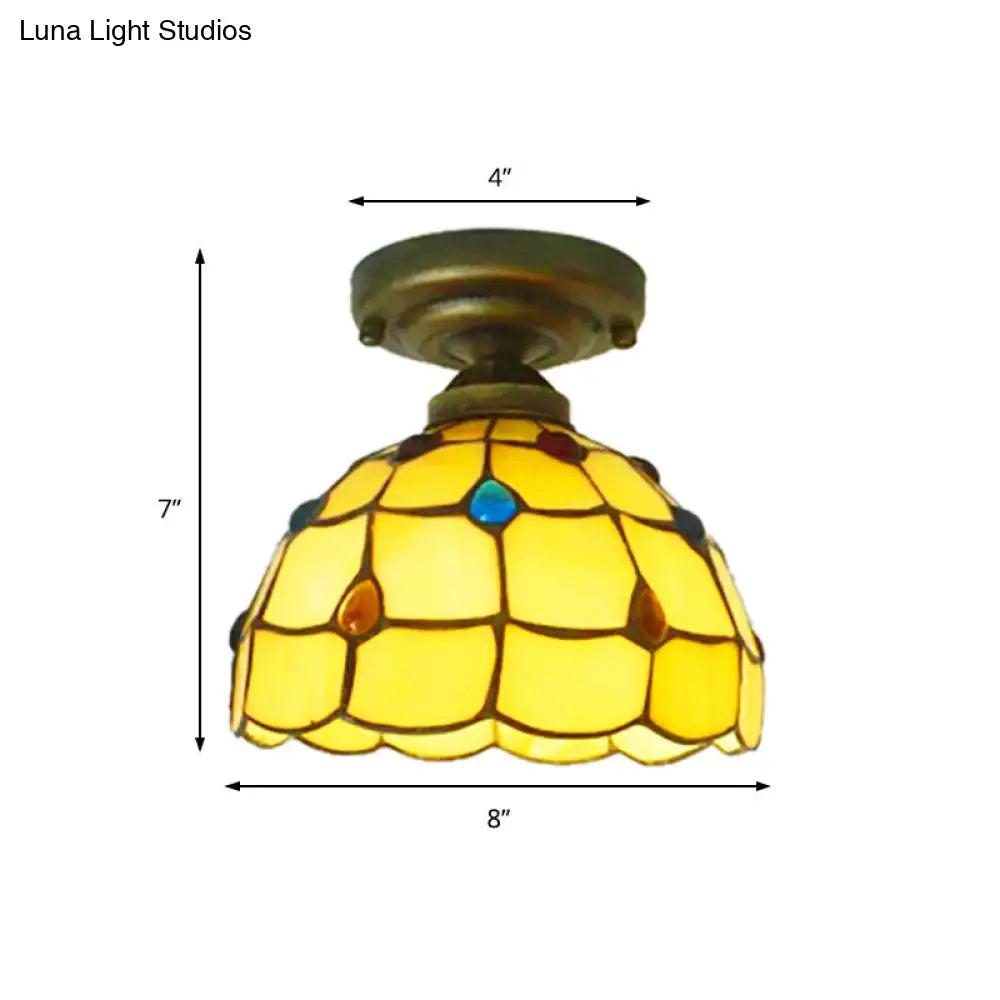 Tiffany Class Beige/Yellow Ceiling Light With Jewelry Shell Restaurant Lattice Bowl Flush Fixture