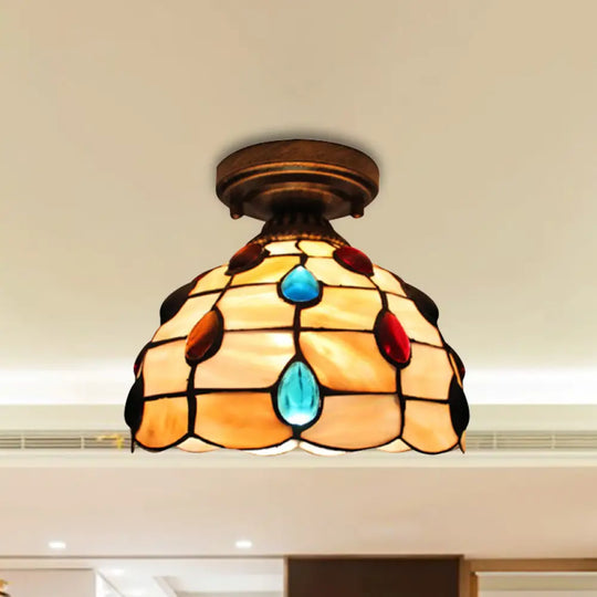 Tiffany Class Beige/Yellow Ceiling Light With Jewelry Shell – Restaurant Lattice Bowl Flush