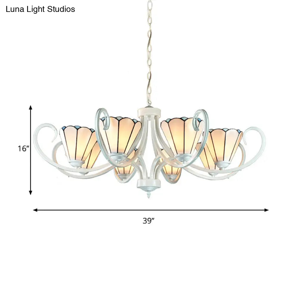 Tiffany Traditional White Glass Cone Pendant Light Chandelier - 5/6/8 Lights Ceiling Fixture For