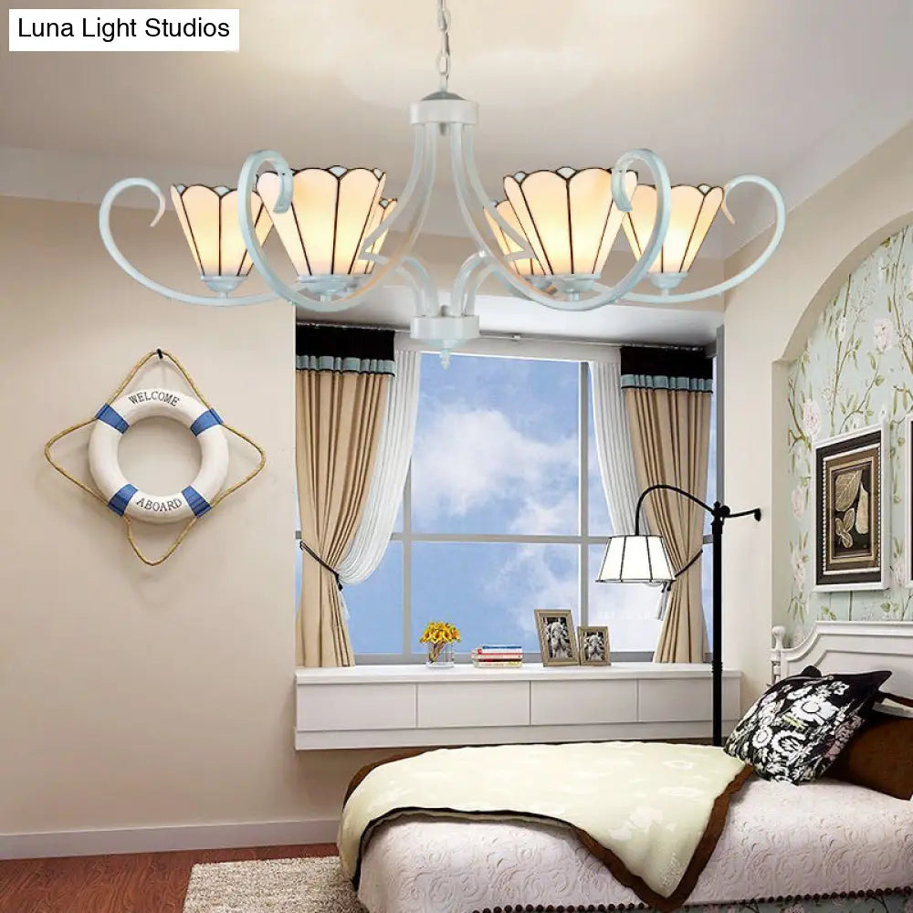 Tiffany Traditional White Glass Cone Pendant Light Chandelier - 5/6/8 Lights Ceiling Fixture For