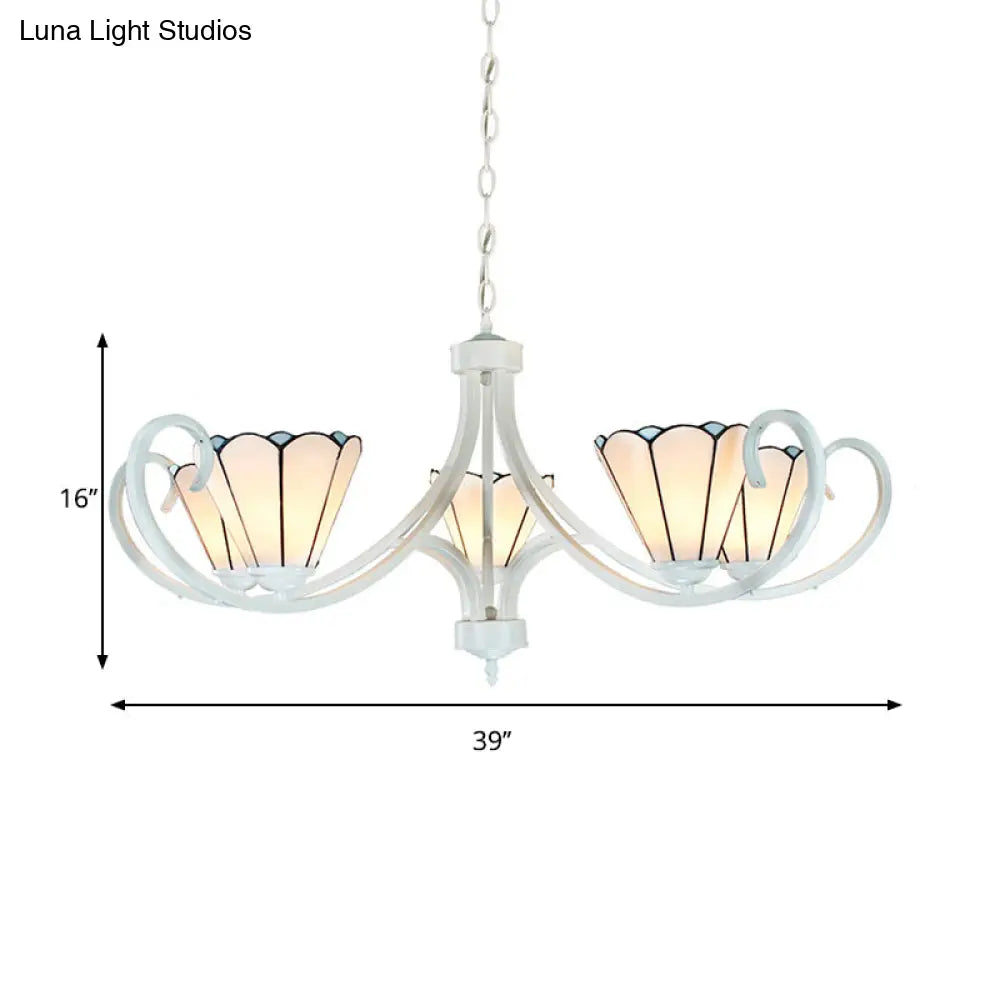 Tiffany Traditional White Glass Cone Pendant Light Chandelier - 5/6/8 Lights Ceiling Fixture For