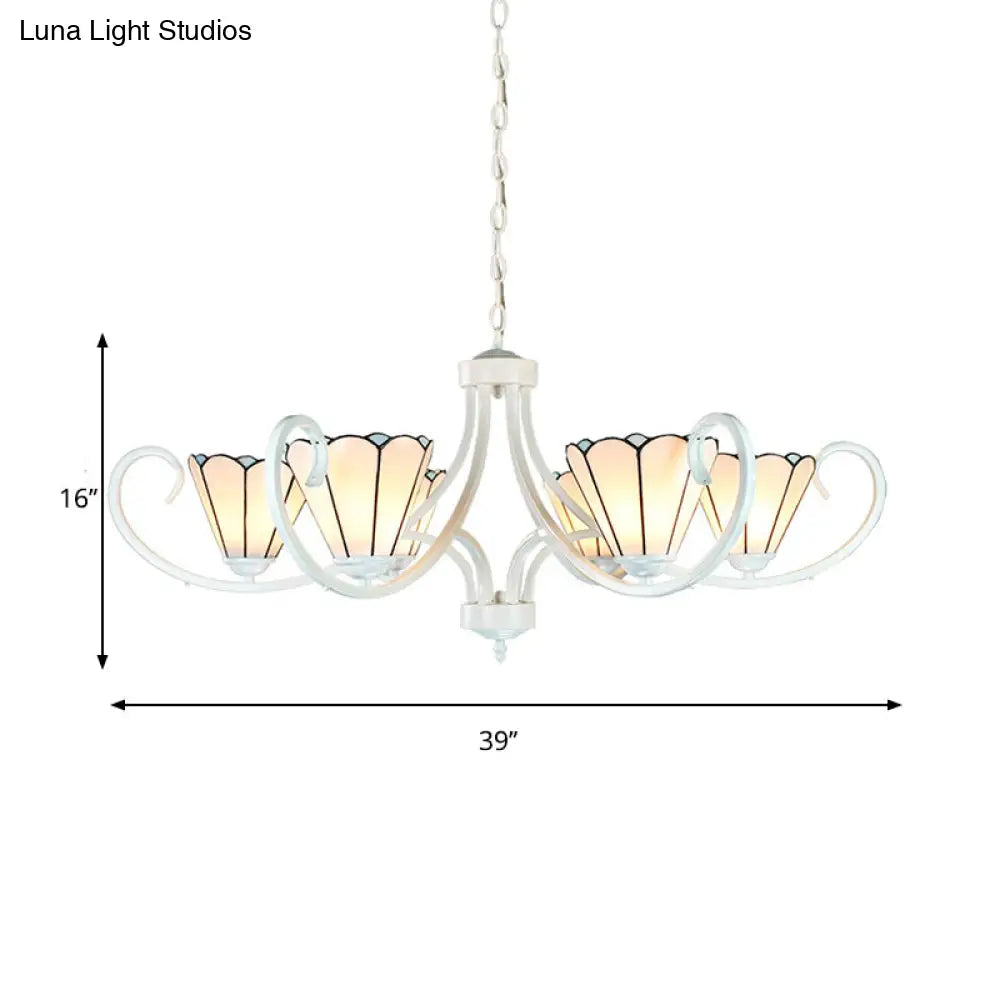 Tiffany Traditional White Glass Cone Pendant Light Chandelier - 5/6/8 Lights Ceiling Fixture For