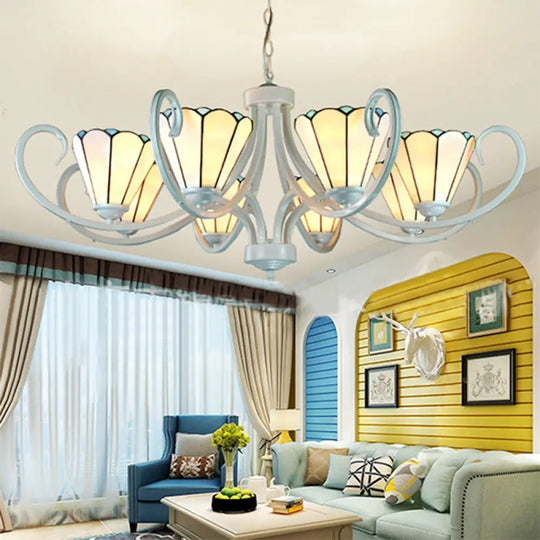 Tiffany Cone Pendant Chandelier With 5/6/8 Traditional Glass Lights For Living Room 8 / White