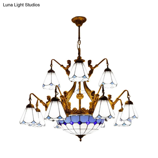 Tiffany Cone Stained Glass Chandelier With 15 Pendant Lights In White/Blue