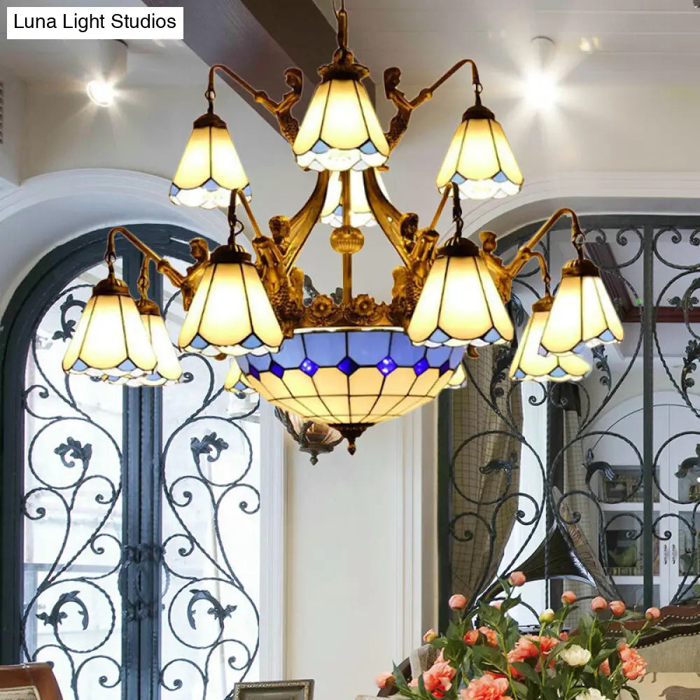 Tiffany Cone Stained Glass Chandelier With 15 Pendant Lights In White/Blue