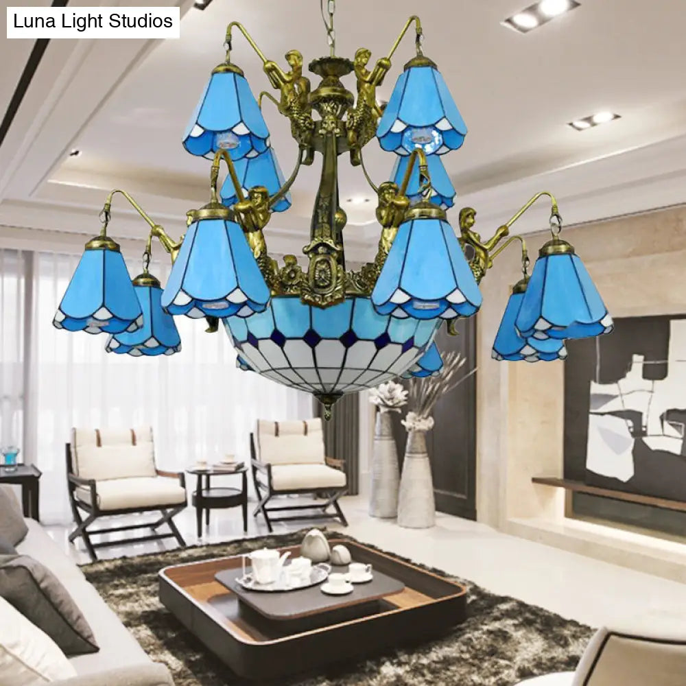 Tiffany Cone Stained Glass Chandelier With 15 Pendant Lights In White/Blue Blue