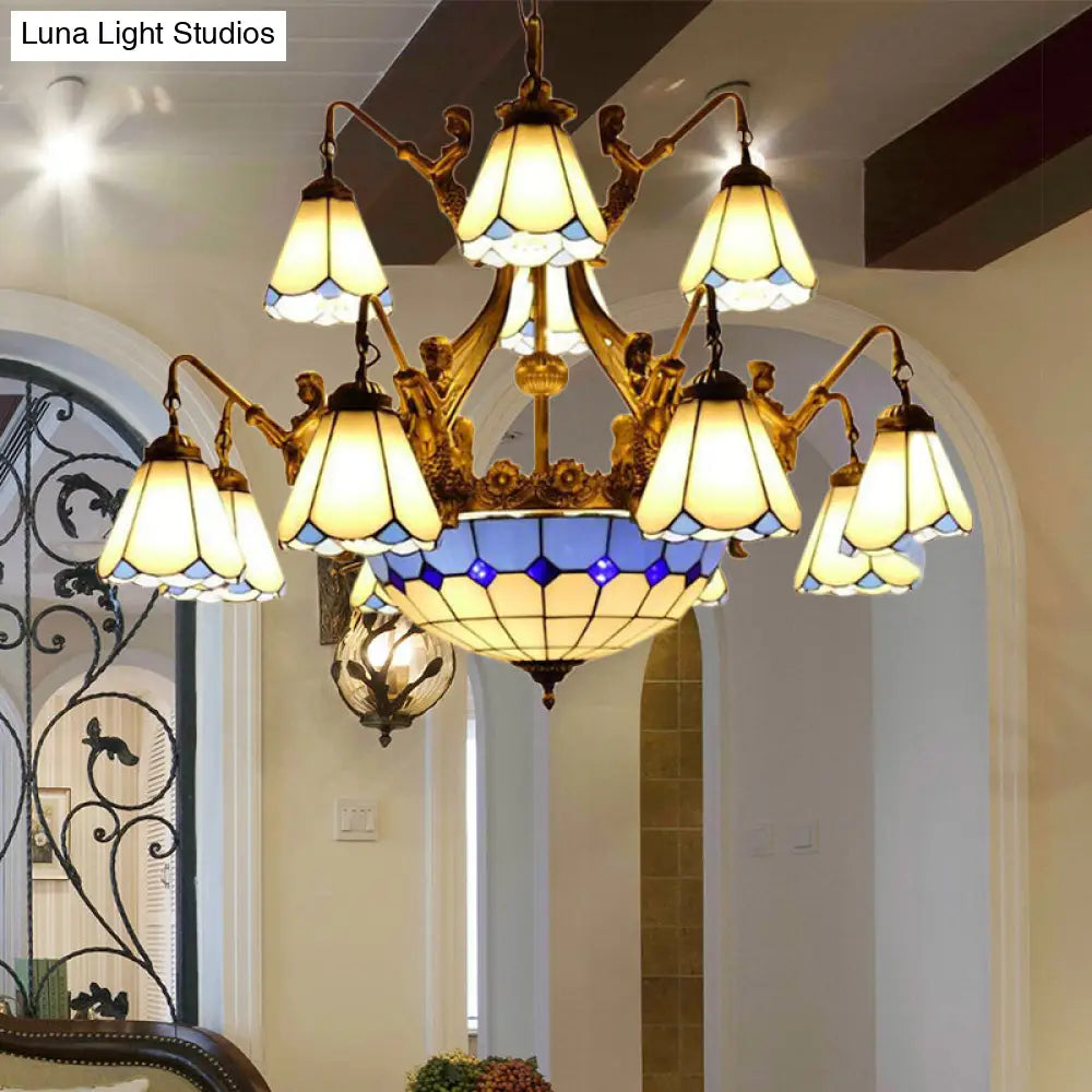 Tiffany Cone Stained Glass Chandelier With 15 Pendant Lights In White/Blue White