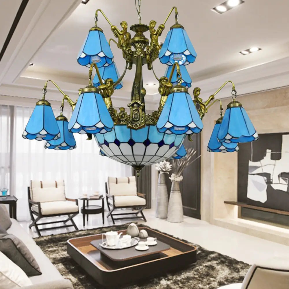 Tiffany Cone Stained Glass Pendant Light - White/Blue Chandelier With 15 Lights Blue