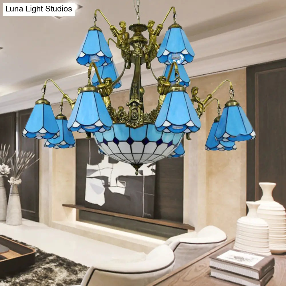 Tiffany Cone Stained Glass Pendant Light - White/Blue Chandelier With 15 Lights