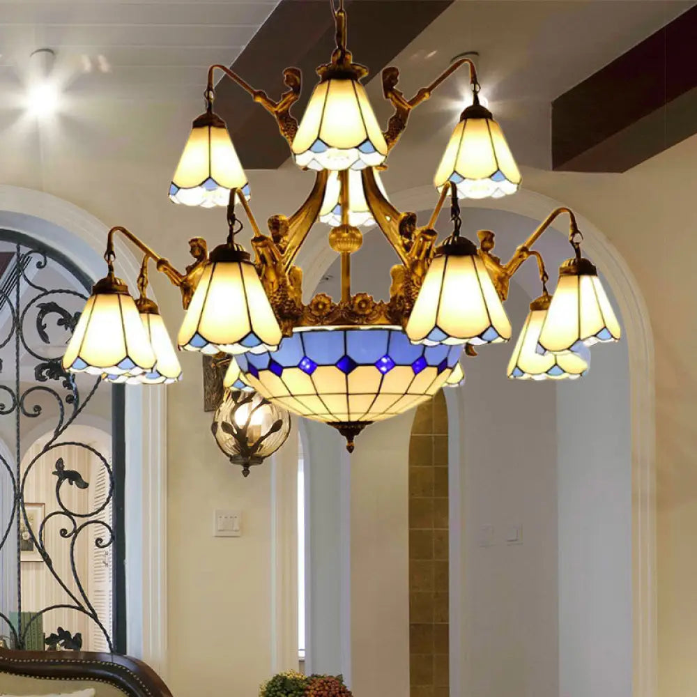 Tiffany Cone Stained Glass Pendant Light - White/Blue Chandelier With 15 Lights White