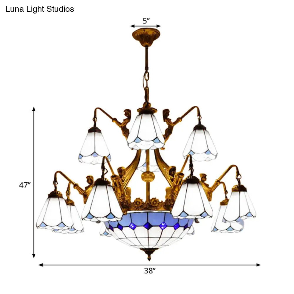 Tiffany Cone Stained Glass Chandelier With 15 Pendant Lights In White/Blue