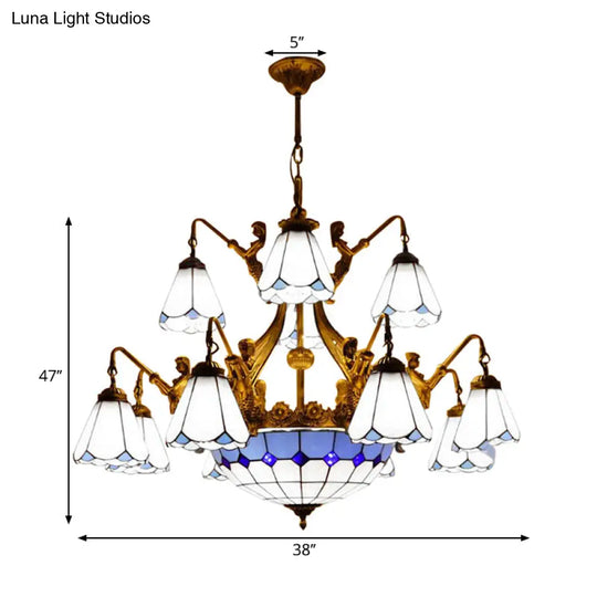 Tiffany Cone Stained Glass Chandelier With 15 Pendant Lights In White/Blue