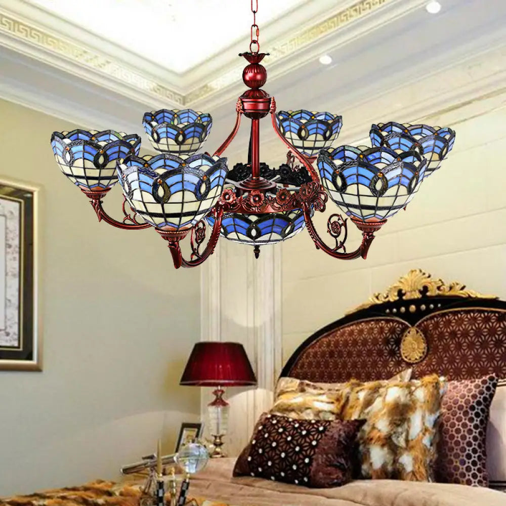 Tiffany Copper Finish Chandelier Light With Suspended Bowl Glass Shades & 7/9 Heads In Blue/Yellow