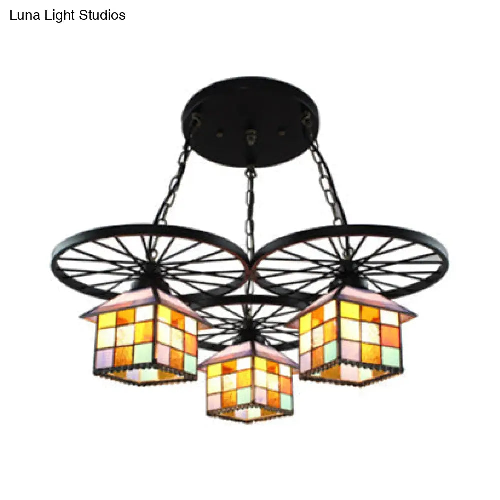 Tiffany Creative Suspension Light: Wheel House Stained Glass Chandelier (3 Lights) - Ideal For